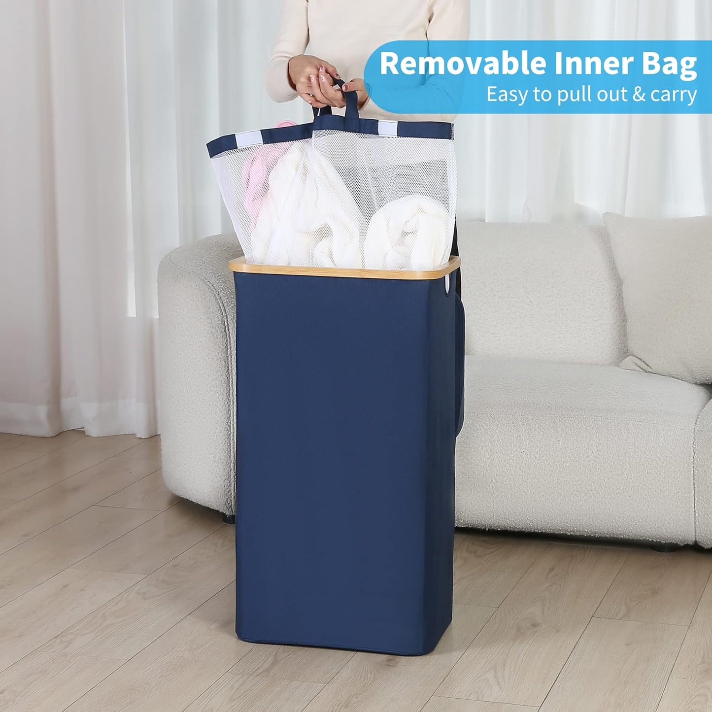 efluky Laundry Basket with Lid and Removable Bag, 100L Tall Laundry Hamper with Bamboo Handles, Aesthetic Dirty Clothes Bin for Laundry Room, Bathroom, Bedroom and Dorm, Blue