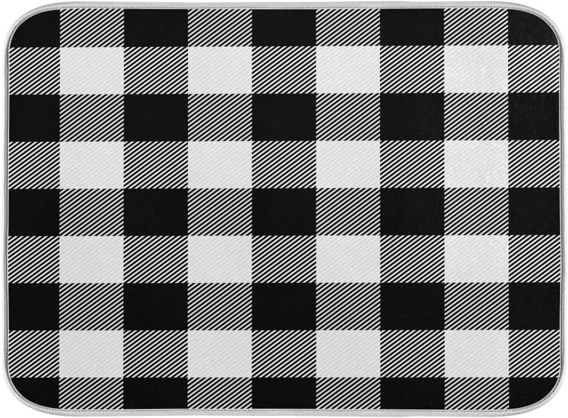 White and Black Buffalo Plaid Dish Drying Mat 18x24 for Kitchen Classic Buffalo Check Dishes Pad Dish Drainer Rack Mats Absorbent Fast Dry Kitchen Accessories
