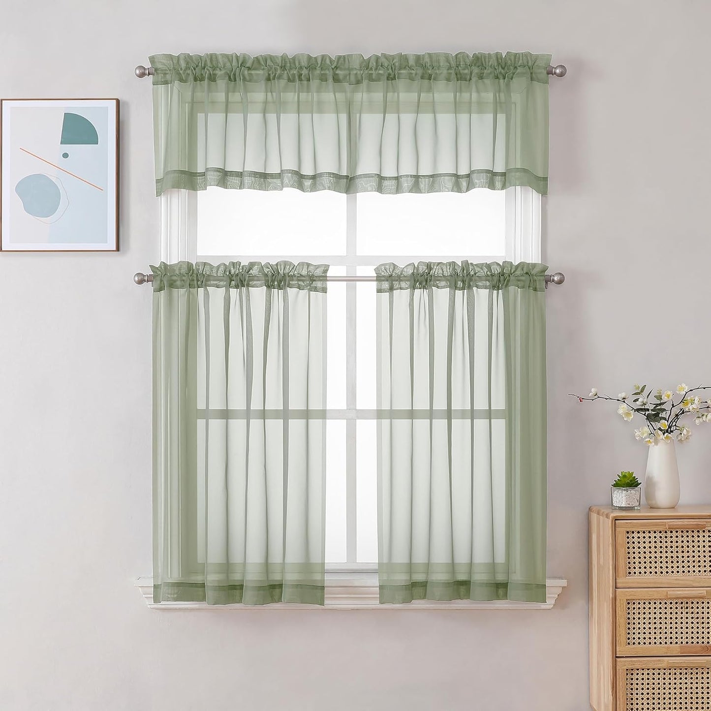 Chyhomenyc Sheer Curtains Tiers 42W x 24L Inches 2 Pieces Set, Light Filtering Small Curtains, Short Bathroom Living Room Cafe Basement Voile Window Curtain, Rod Pocket, Sage Green