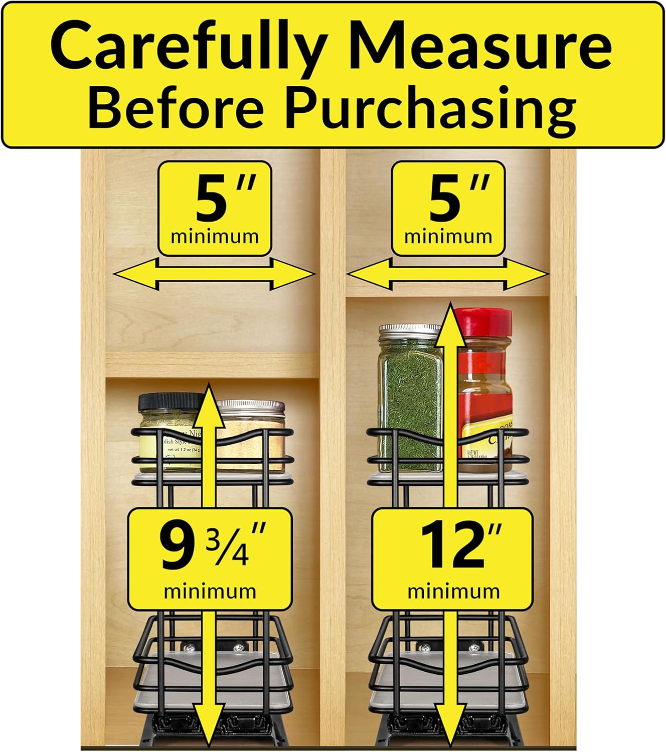 LYNK PROFESSIONAL® Pull Out Spice Rack Organizer for Inside Kitchen Cabinets - 4-1/4 inch Wide - Slide Out Drawer – Black Sliding Spice Cabinet Organization Shelf Racks - 2 Tier