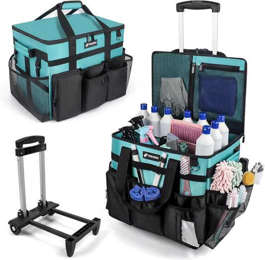 Rolling Cleaning Caddy Bag with Wheels, Large Cleaning Cart Detachable Trolley, Cleaning Bags for Housekeepers With Shoulder Strap & Multi Pockets for Cleaning Tools Storage (Amber Green)