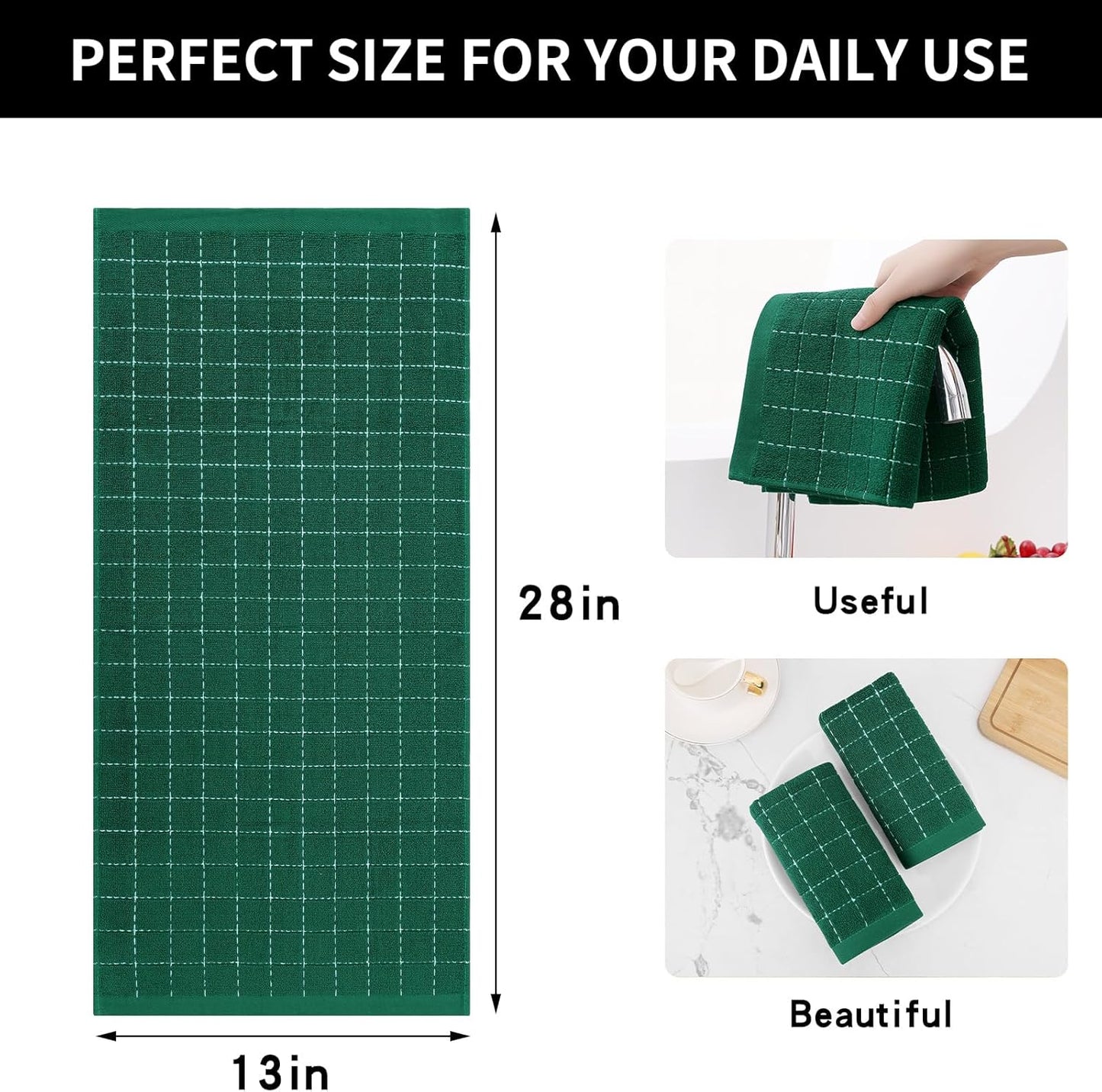 Homaxy 100% Cotton Terry Kitchen Towels(Dark Green, 13 x 28 inches), Checkered Designed, Soft and Super Absorbent Dish Towels, 6 Pack