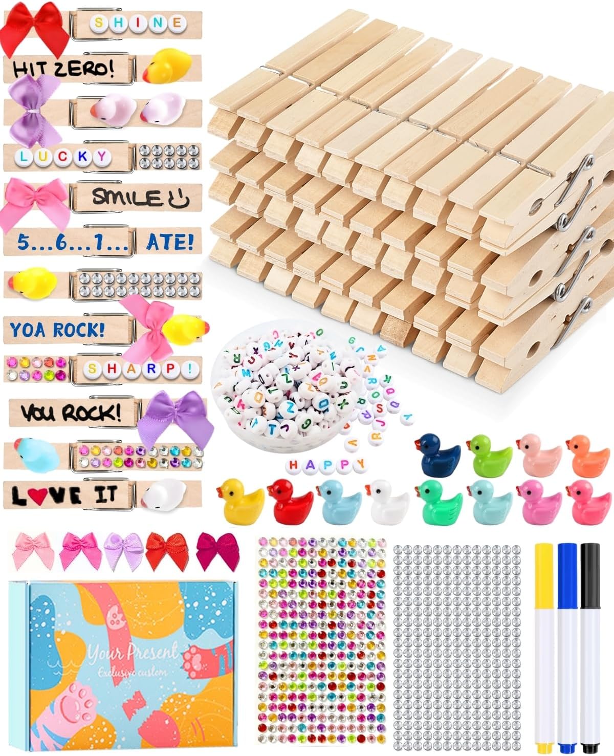 Cheer Pins for Backpack Cheer Stuff Kit 70 Clothes Pins with Mini Resin Ducks Mini Bows Letter Beads Team Cheerleaders Gifts Bulk Pin Me Ribbon for Bag Decorations Spirit Clips Competition Accessories