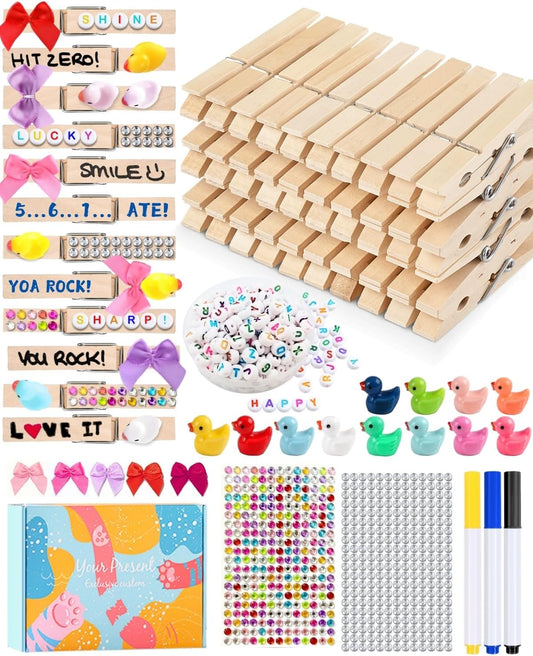 Cheer Pins for Backpack Cheer Stuff Kit 70 Clothes Pins with Mini Resin Ducks Mini Bows Letter Beads Team Cheerleaders Gifts Bulk Pin Me Ribbon for Bag Decorations Spirit Clips Competition Accessories