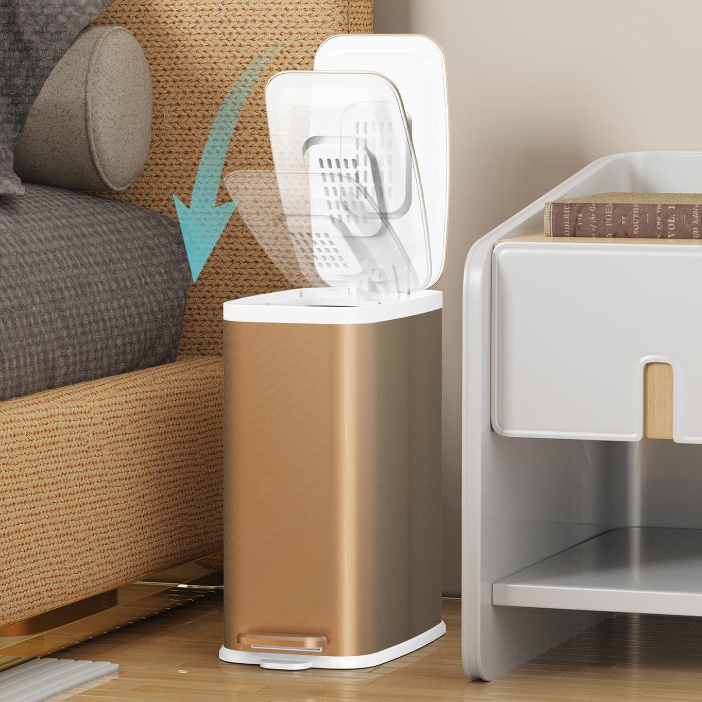 Champagne Gold Bathroom Trash Can with Lid Soft Close,1.6 Gallon Slim Garbage can,Small Metal Step Wastebasket for Office, Bedroom, Toilet, Live Room