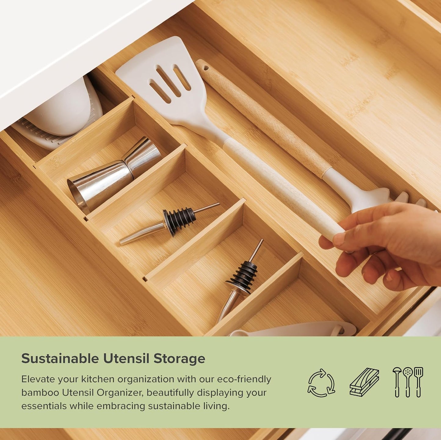 KitchenEdge Adjustable Kitchen Drawer Organizer for Utensils and Junk, Food-Safe Contract Grade with 100% Sustainable Wood, Expandable from 16 to 28 Inches Wide - Natural Bamboo
