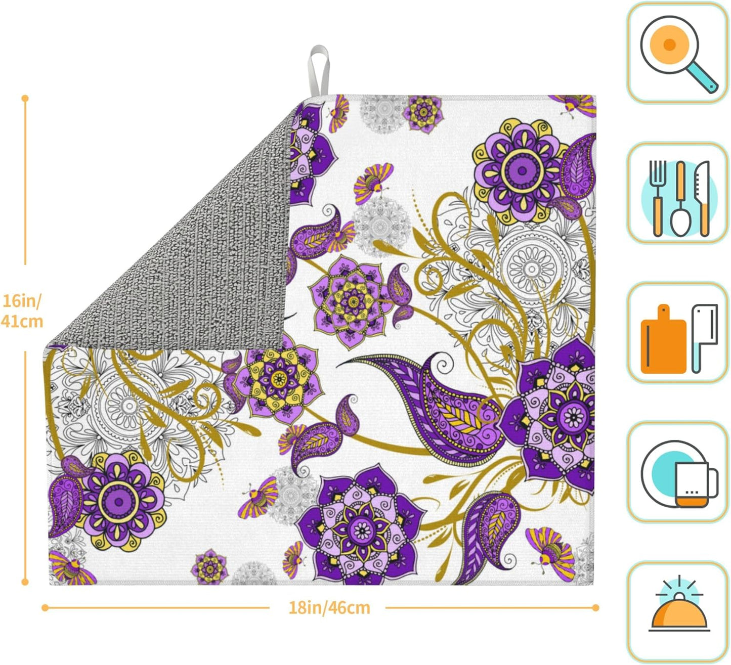 Boho Floral Dish Drying Mat for Kitchen Counter Washable Absorbent Reversible Microfiber Purple Flower Drying Pad Kitchen Accessories 16x18 Inch