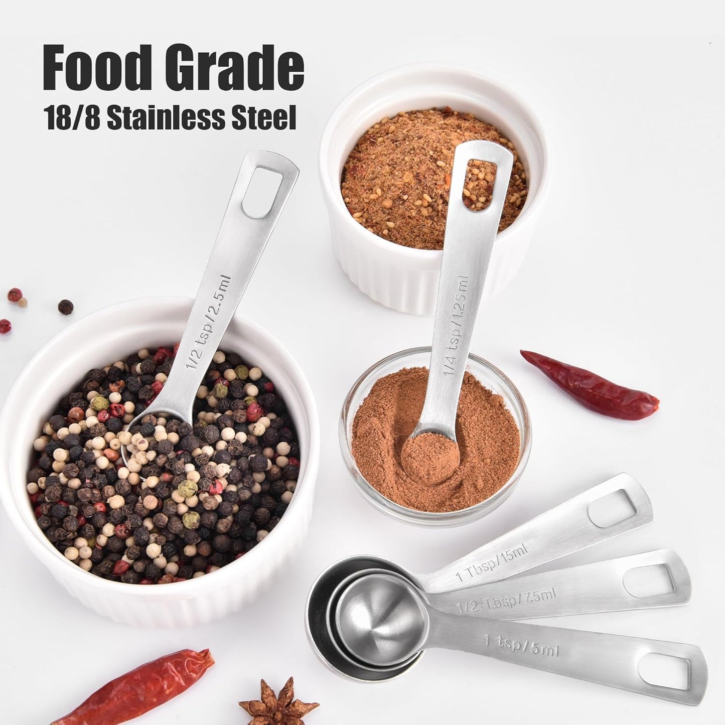 Doosu Measuring Spoons Set of 8-18/8 Stainless Steel Heavy Duty Teaspoons Tablespoons with Engraved Metric & US Measurements, Metal Measure Spoon for Dry and Liquid Ingredients, Dishwasher Safe