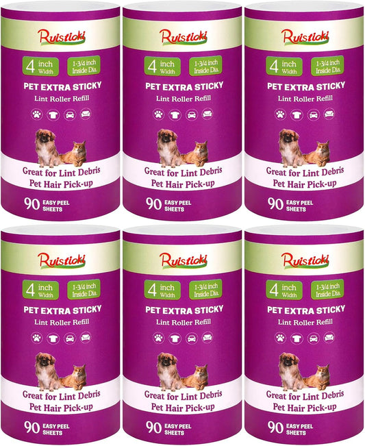 4 inch Lint Roller Refills Only Compatible with Scotch-Brite Pet Hair Pickup Extra Sticky Lint Roller for Couches Clothes and More 90 Sheets per Refill 6 Pack 540 Easy-Tear Adhesive Sheets Total