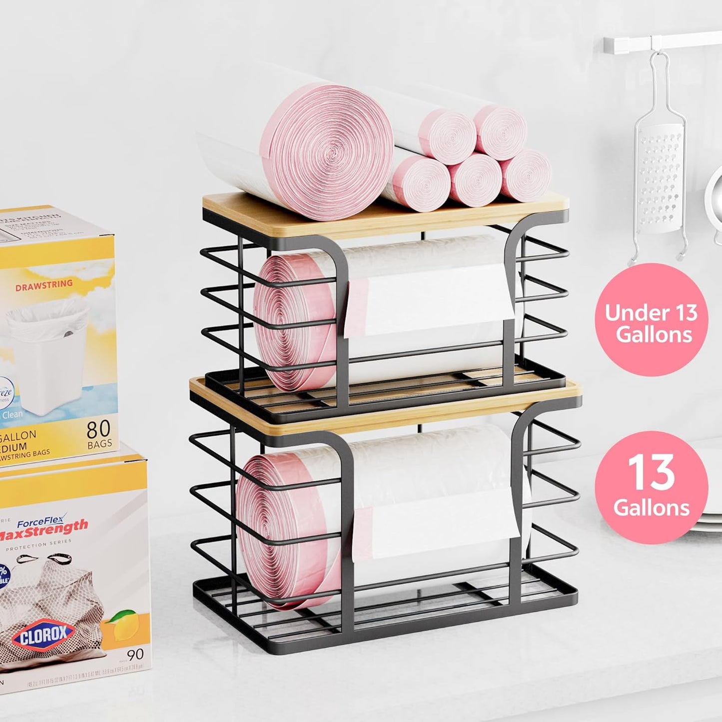 2 Pack Stackable Storage for Kitchen Laundry Pantry Organizers,Trash Bag Holder with Bamboo Top,Wall Mount Garbage Bag Dispenser,Black Large and Small