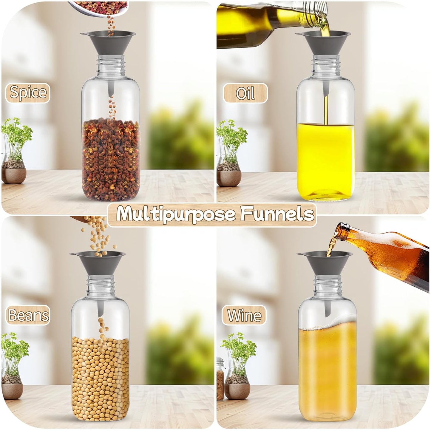 Plastic Kitchen Funnel Set of 3 with Clean Brush, Round Food Funnels for Kitchen Use, Multifunctional Funnels for Filling Canning&Bottles, Suitable for Cooking, Lab and Automotive Use