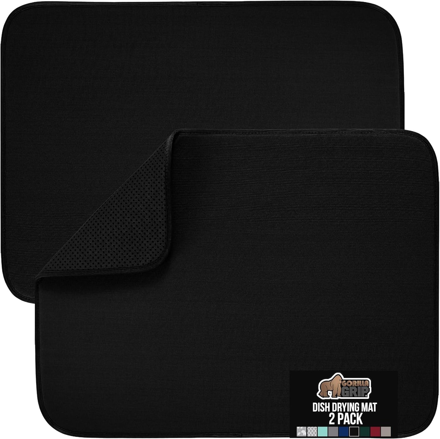 GORILLA GRIP Ultra Water Absorbent Microfiber Dish Drying Mat, Quick Dry Thick Mesh, Slip Resistant Pad for Sink Dishes or Under Rack, Kitchen Counter Accessories, 16x18, Machine Wash, 2 Pack Black
