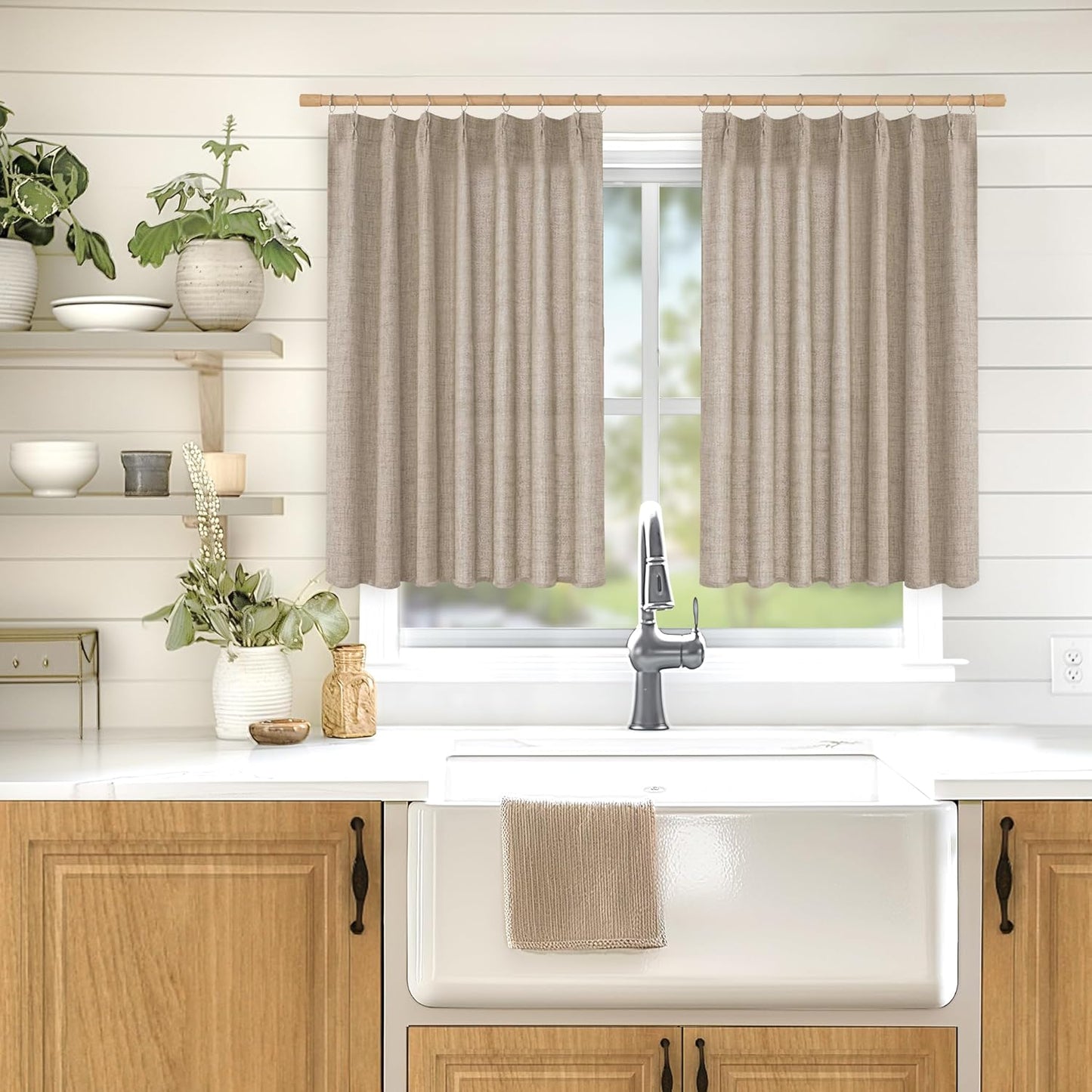 YoungsTex Oatmeal Linen Curtains 36 Inch Length for Short Kitchen Window, Textured Small Drapes Light Filtering for Cafe Bedroom Bathroom Back Tab, 2 Panels, 40 X 36 Inch