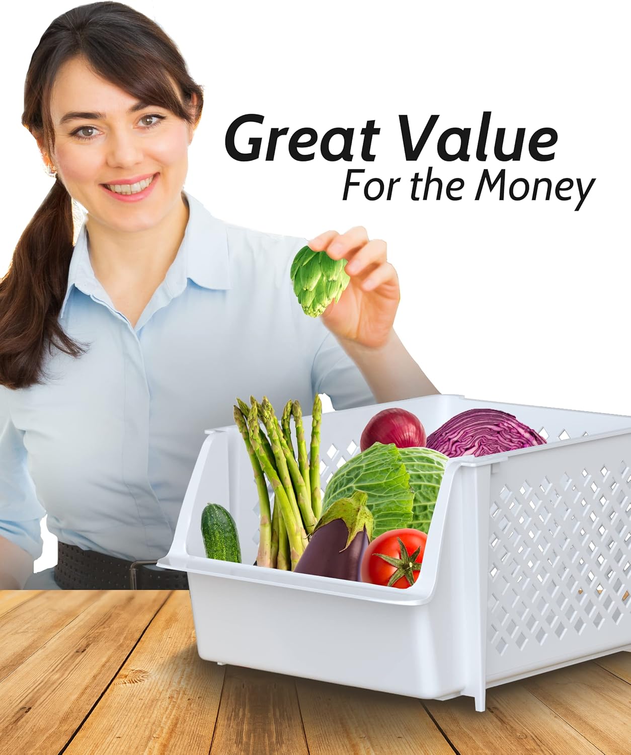 TidyFriend Plastic Stackable Storage Bins for Pantry, 2-Pack Stackable Bins for organizing food, kitchen, and bathroom essentials (White)