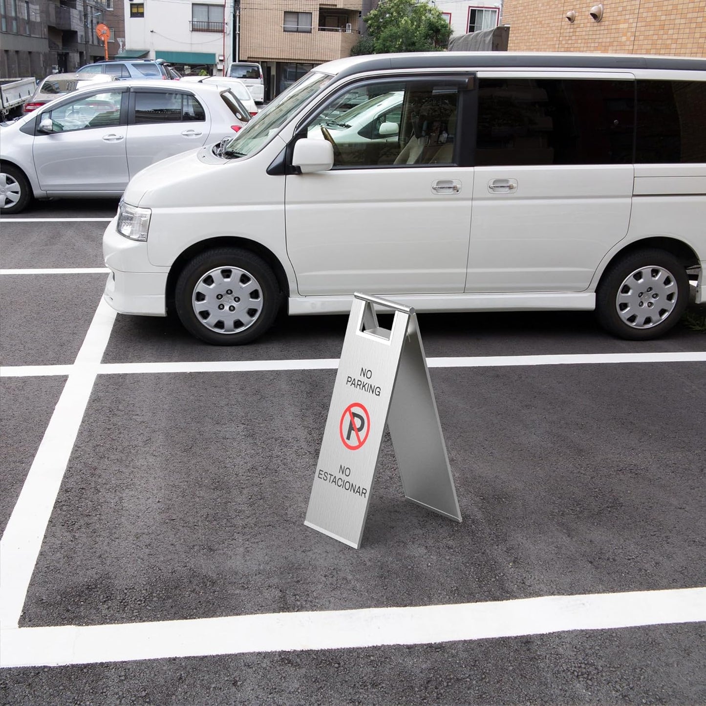 Stainless Steel No Parking Sign Portable Foldable Handle 2-Pack (Silver)