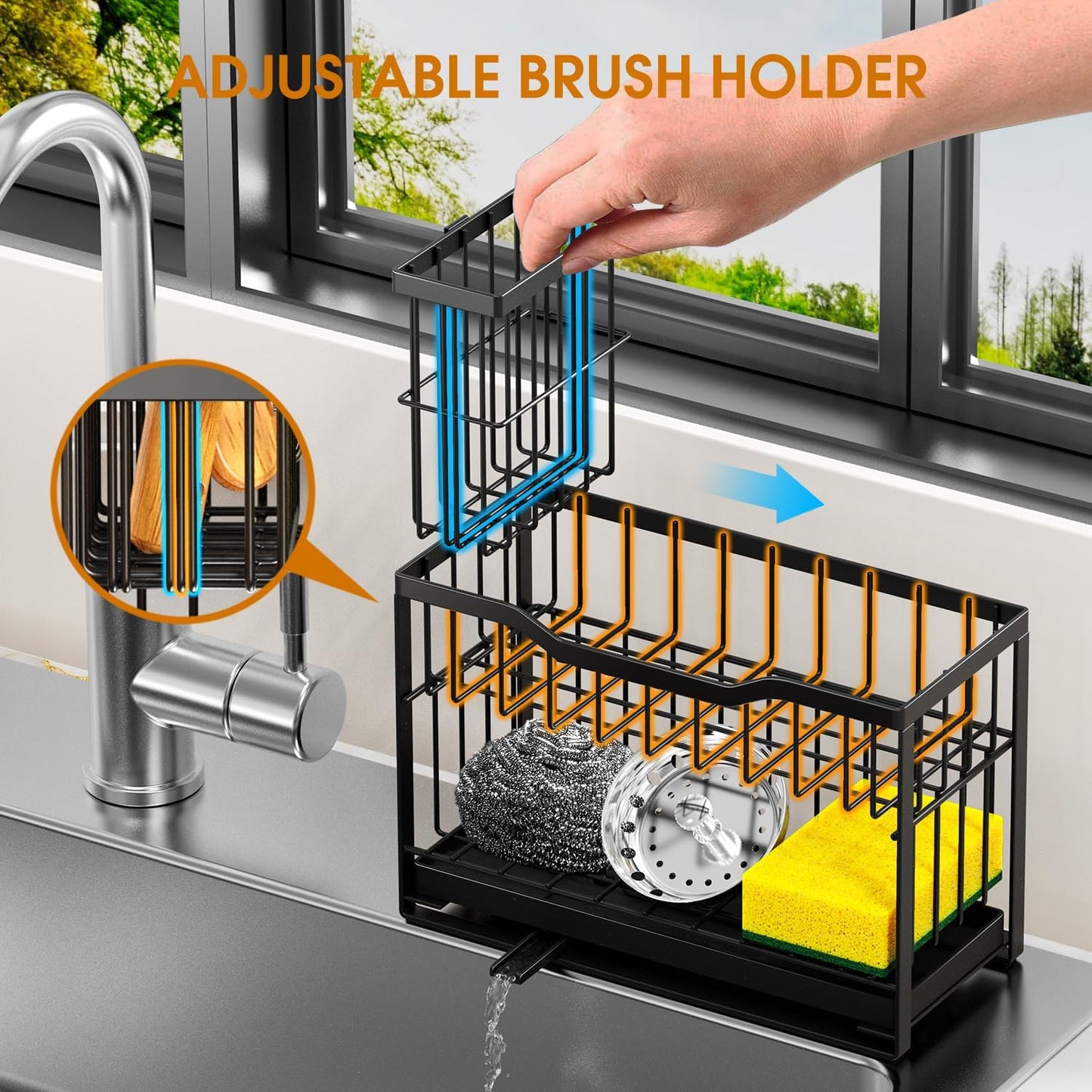 2-Tier Kitchen Sink Caddy with High Brush Holder&Self-Draining Tray,Rustproof&Non-Slip Sink Sponge Holder,Kitchen Countertop Storage Organizer,Soap Dispenser Storage - Black