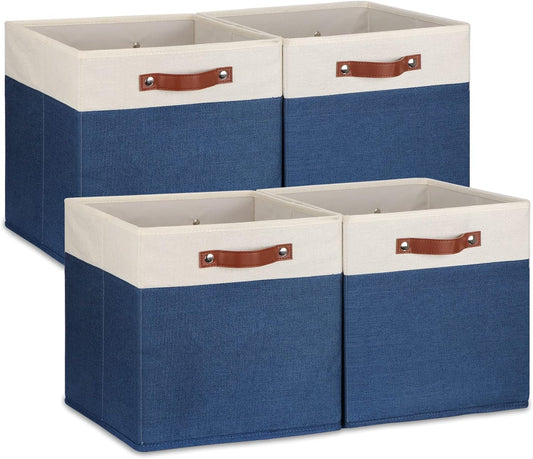 Temary Fabric Storage Bins for Cube Organizer 4 Pack Cube Storage Bins 13 Storage Cubes for Shelves Storage Baskets for Organizing Books, Clothes, Towels (White & Blue, 13x13x13 Inch)