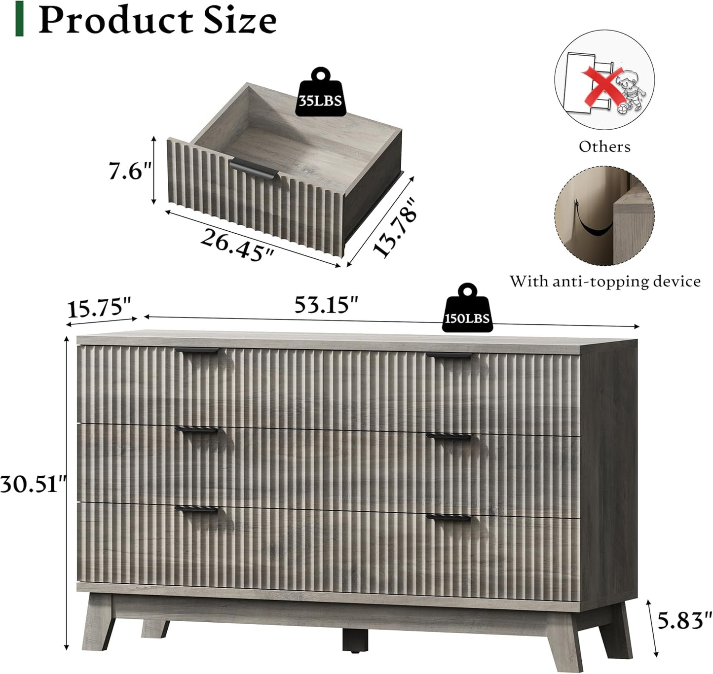 Fluted Dresser with 6 Drawers, 54" Wide Modern Chest of Drawers with Metal Handle, Wooden Dresser TV Stand, Wood Closet Clothes Storage Organizer for Bedroom, Living Room, Hallway, Light Grey
