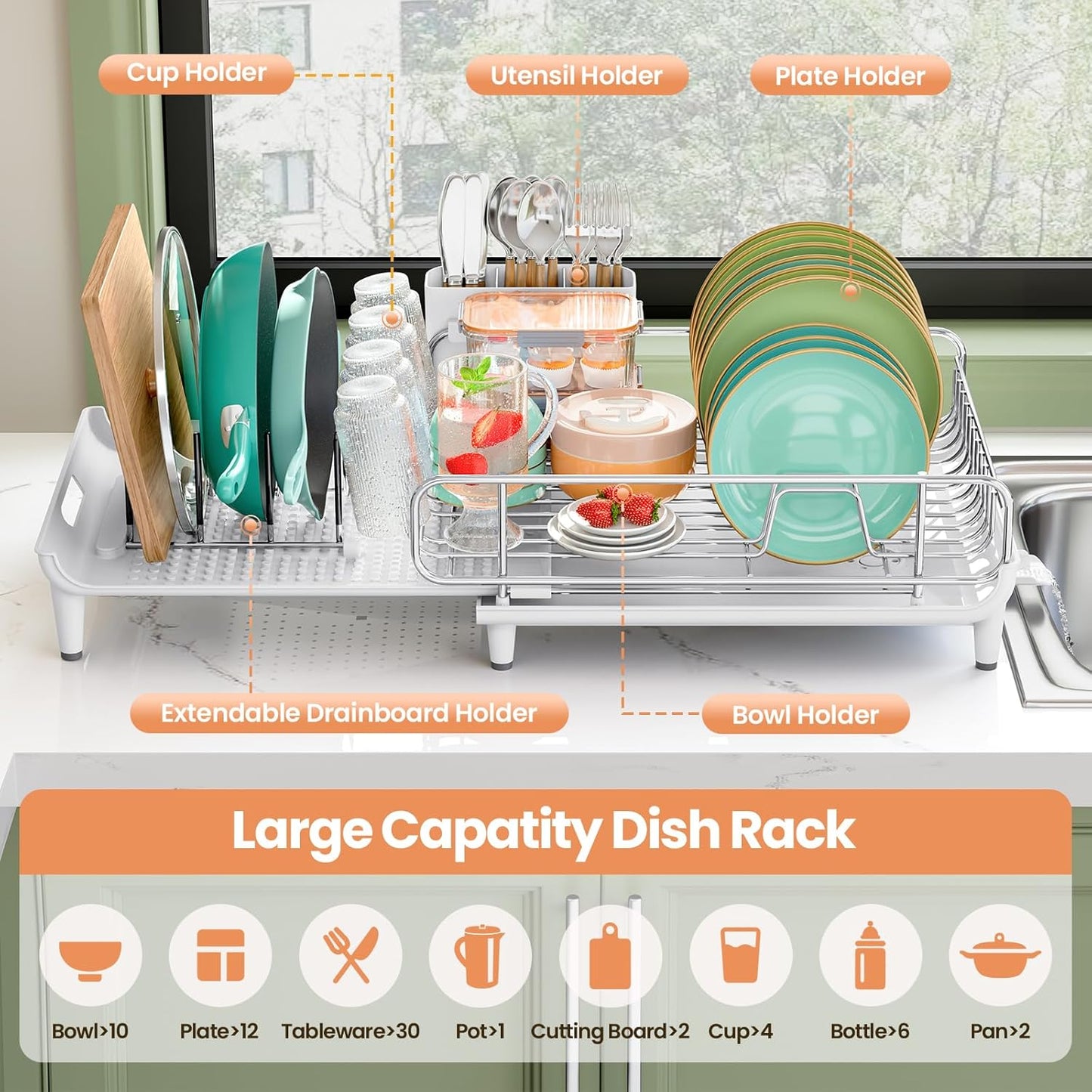 Expandable Dish Drying Rack, Foldable Dish Rack for Kitchen Counter, Stainless Steel Collapsible Dish Drainer Racks with Cutlery Holder, White