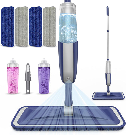 Wet Dust Mops for Hardwood Floor Cleaning - MEXERRIS Microfiber Spray Mops with 4X Reusable Washable Pads 2X Bottles Wood Floor Mops with Spray Home Commercial Use for Hardwood Laminate Tiles Floors