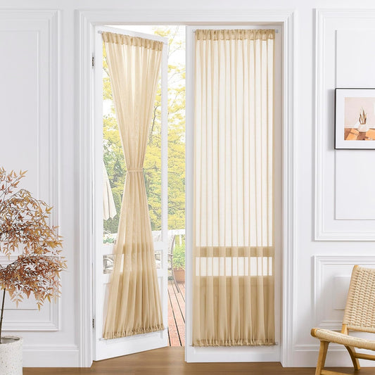 Tollpiz Sheer Door Curtain Closet Linen Textured Curtains Sheer Doorway Light Filtering Voile Patio Glass Door Rod Pocket Curtain French Door, 54 x 72 inches Long, Beige, Set of 1 Panel