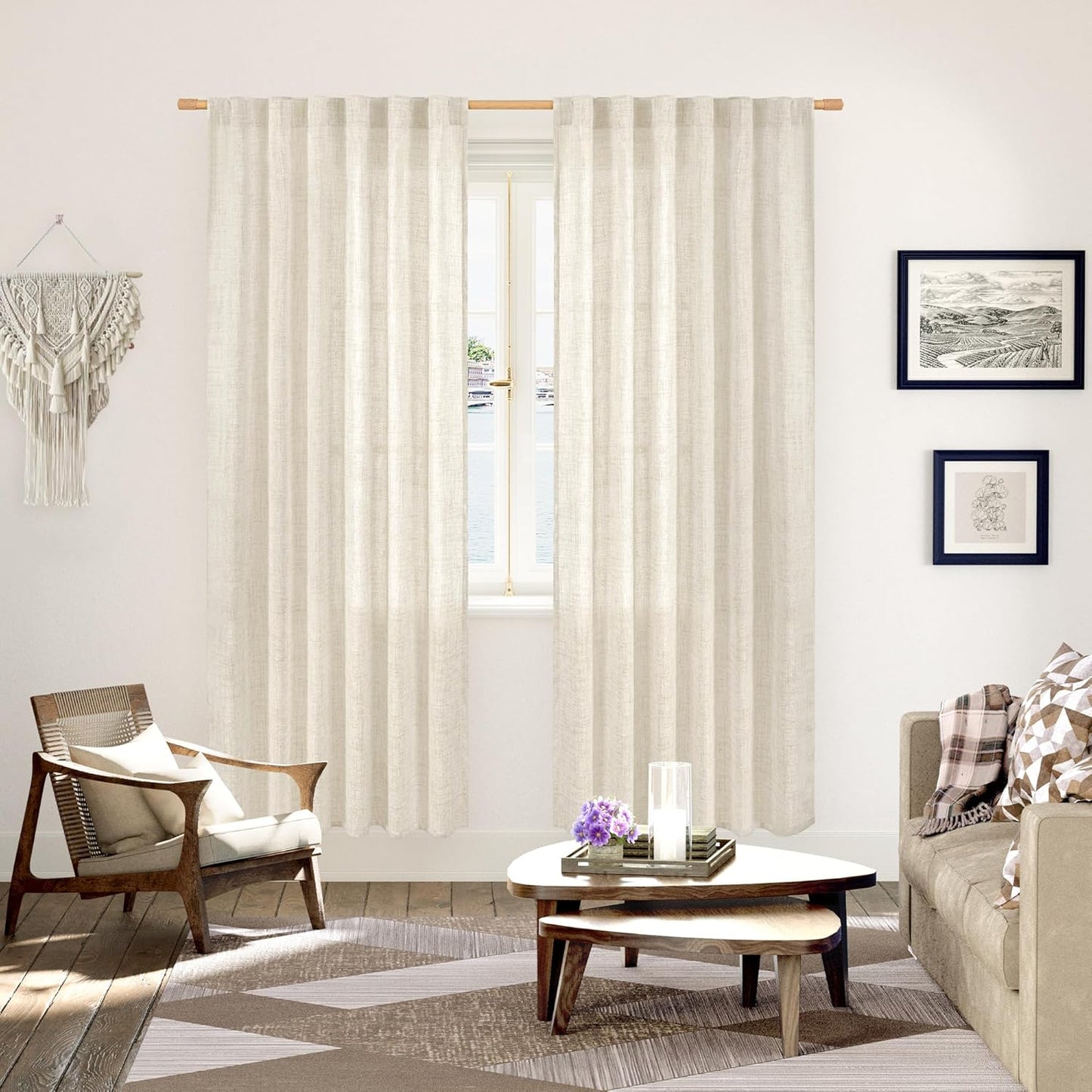 YoungsTex Linen Semi Sheer Curtains 78 Inch Length for Living Room, Boho Cream Light Filtering Window Drapes Textured with Rod Pocket Back Tab for Dining Bedroom, 2 Panels, 52 X 78 Inch