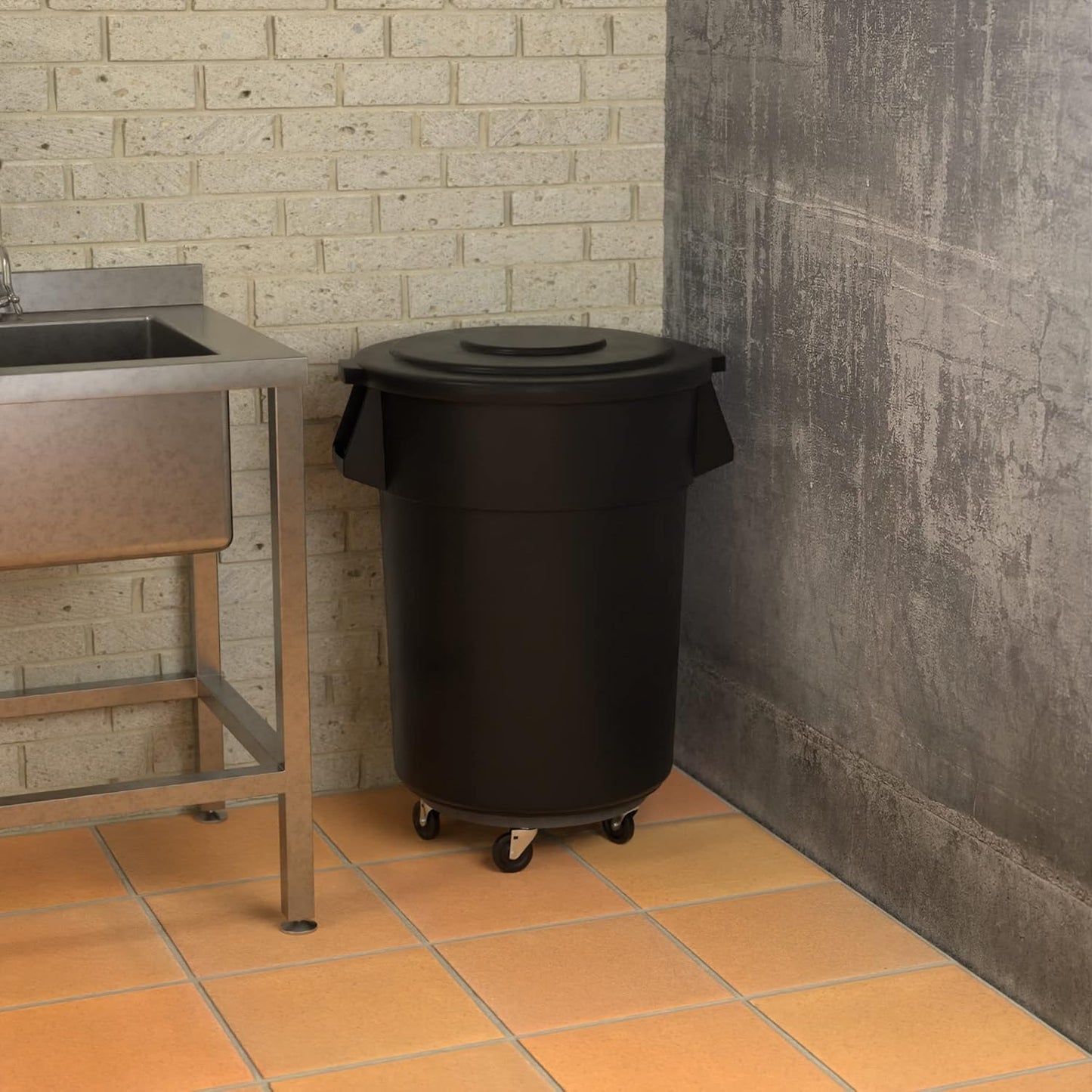 55 Gallon Black Round Commercial Trash Can with Lid and Dolly