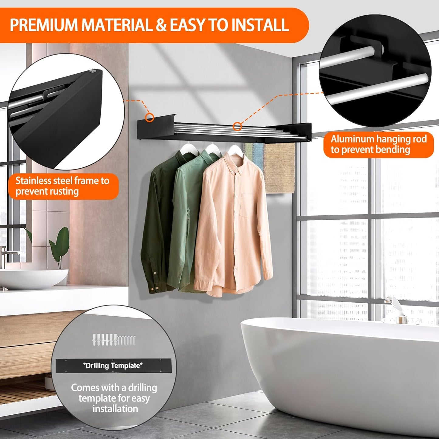 FOCHIER F Laundry Drying Rack Wall Mounted Clothes Drying Rack Collapsible with 5 Aluminum Rods and Drilling Template Long Screwdriver Bit 60 lbs Capacity (Black, 31.5")