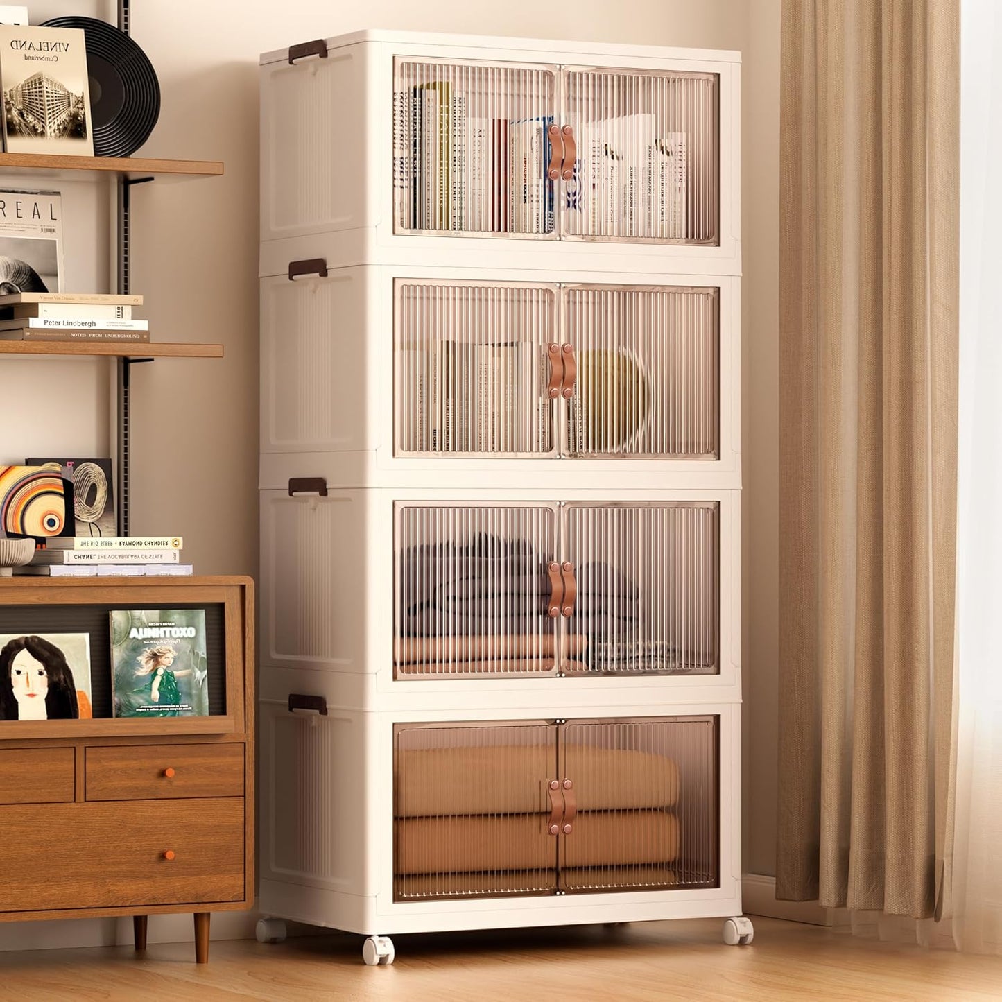 Jalove 120Gal Large Storage Bins with lids, 480QT Plastic Stackable Storage Containers with Wheels, Collapsible Closet Organizer and Storage Drawers,Clothes Organization for Cabinet Home, 4Pack White