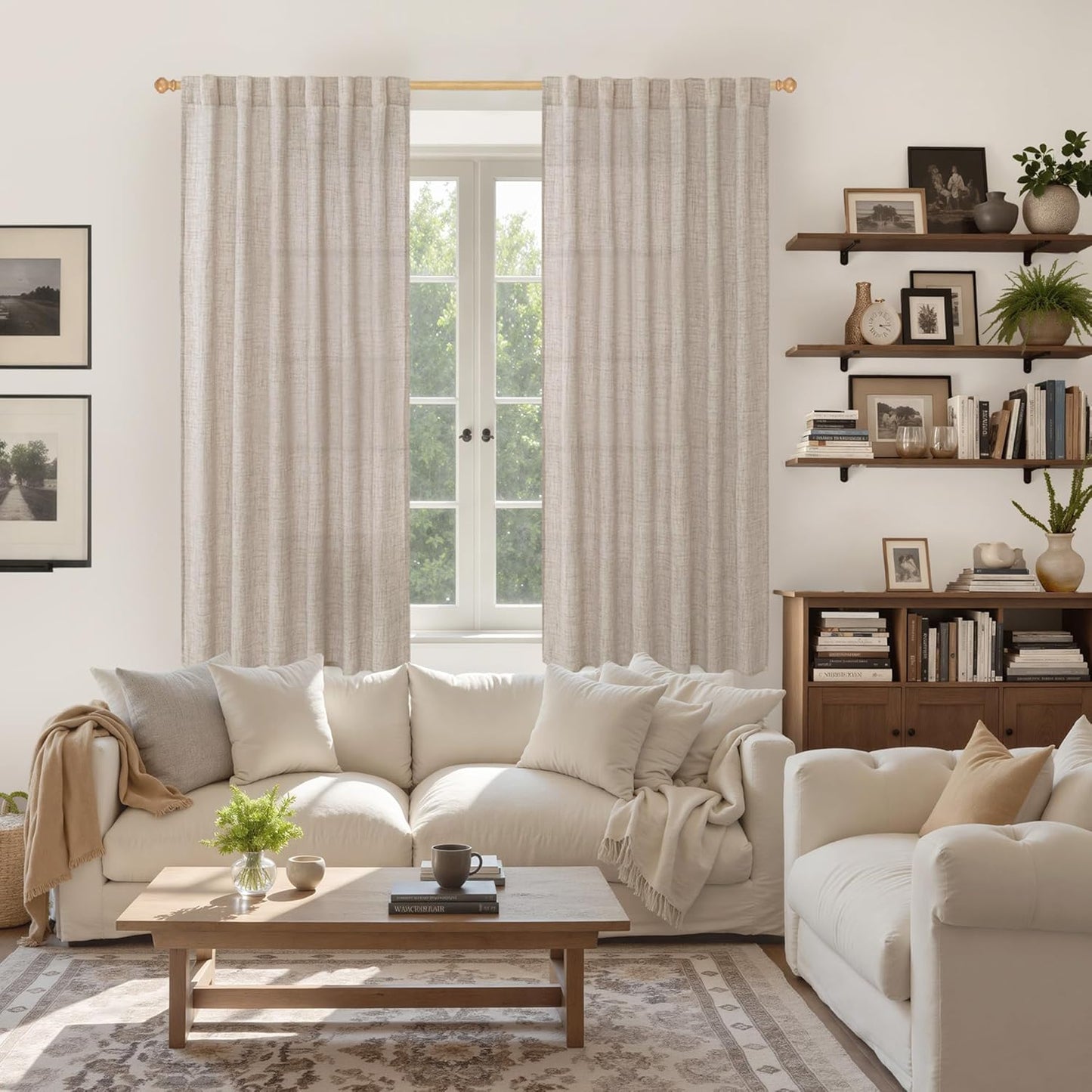 YoungsTex Beige Linen Semi Sheer Curtains 63 Inch Length for Living Room, Light Filtering Window Drapes with Rod Pocket Back Tab Natural Textured for Country Bedroom, 2 Panels, 52 X 63 Inch