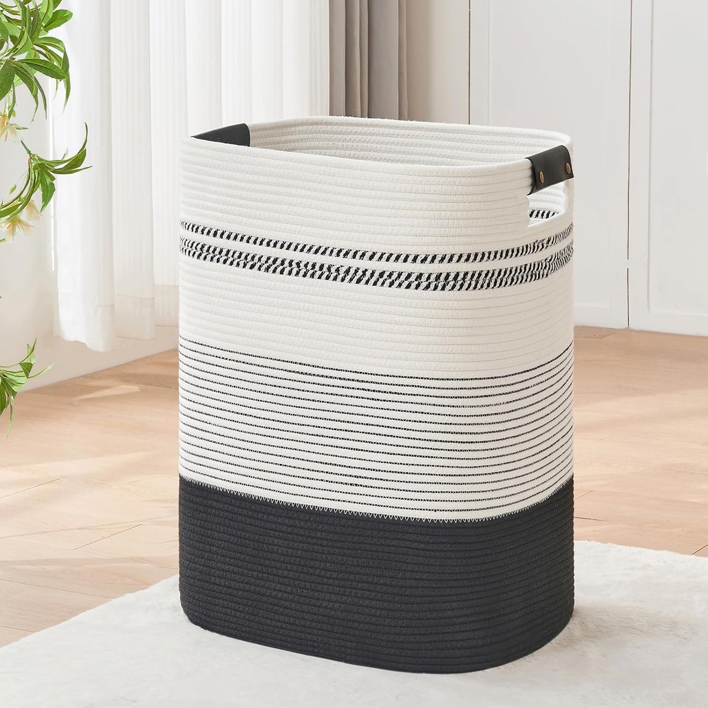 Laundry Basket with Handles - Blanket Basket & Hampers for Bedroom Aesthetic, Laundry Hamper & Blanket Storage for Living Room, Clothes Hamper, Tall, Large 17" x 14" x 22”, Black & White