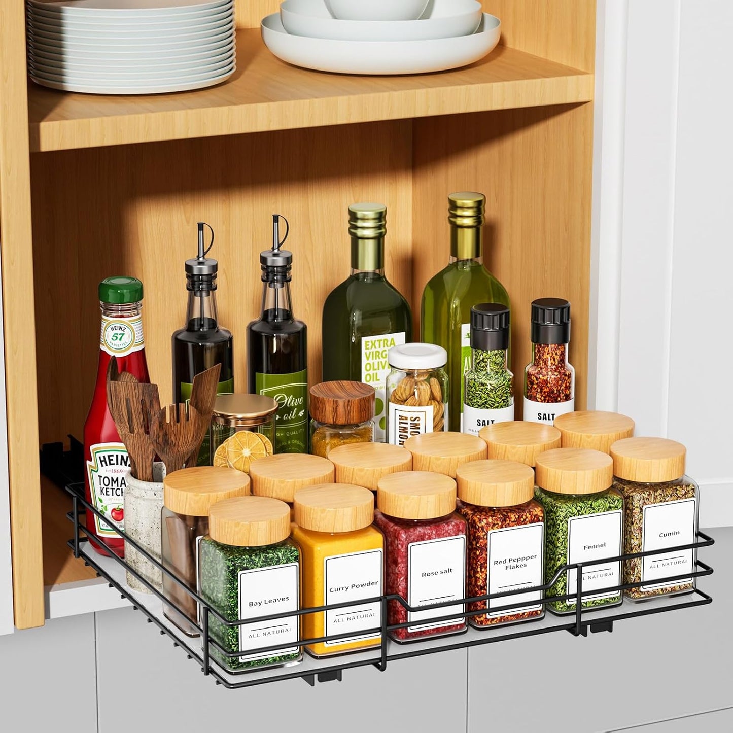 RCHYFEED Pull Out Spice Rack Organizer for Cabinet,Slide out Spice Organization for Inside Cabinets,Heavy Duty Seasoning Organizer Fits Kitchen and Pantry,Sauces,Canned (12.5''Wx10.5''Dx2.5''H)