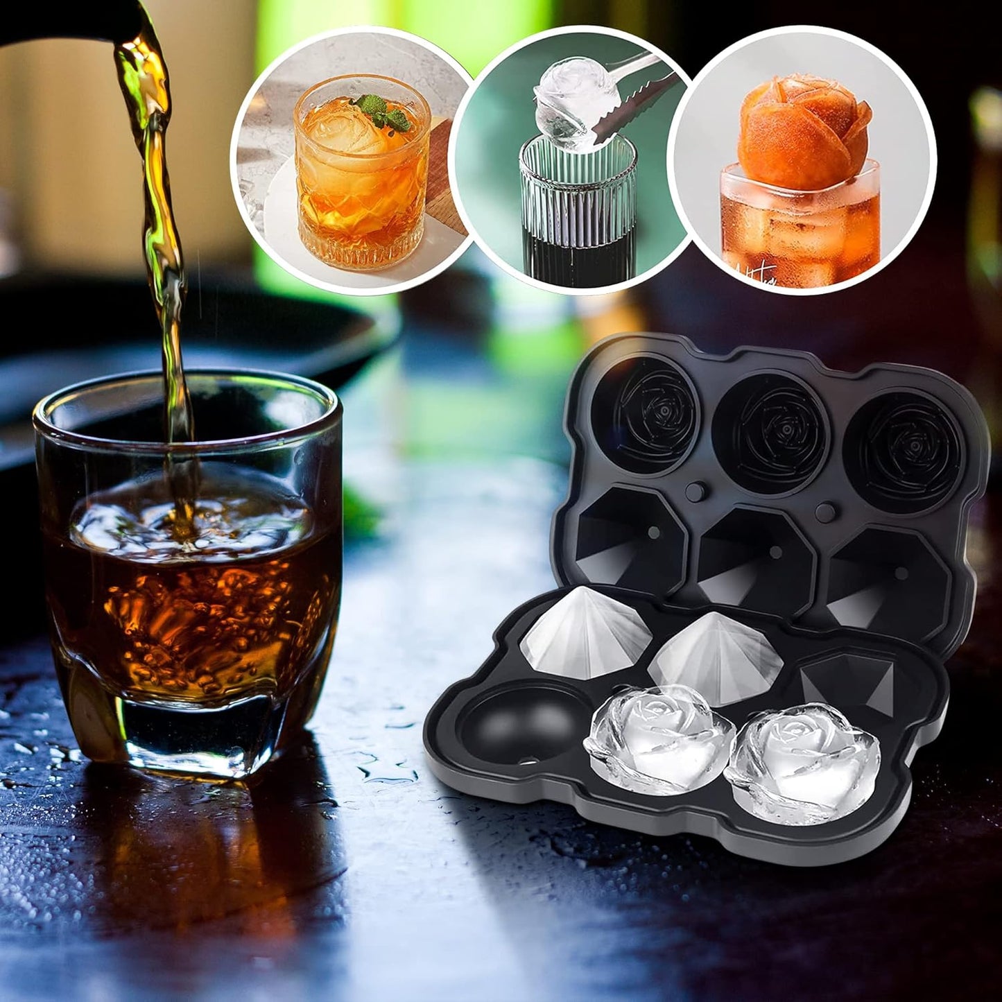 Rose Ice Cube Tray,ZACHDEE 2" Flower Silicone Ice Cube Tray With Covers,6 Easy Release Large Ice Ball for Cocktails, Drinks, Whiskey, Bourbon & Homemade Juice