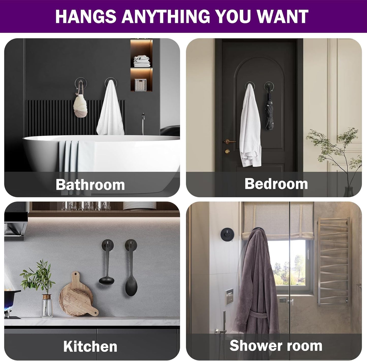 JOMOLA Stainless Steel Bathroom Suction Hooks - No Drill Adhesive-Free Wall Mount for Shower, Towel & Robe, Rustproof Metal Hardware with Damage-Free Grip, Matte Black (4-Pack)