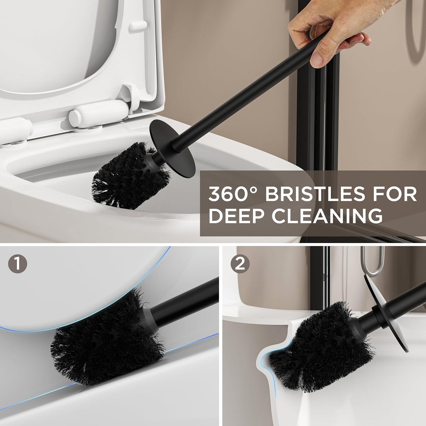 FORIOUS Toilet Brush and Holder Set, 304 Stainless Steel Heavy Duty Base and Handle for Bathroom Deep Cleaning, Toilet Bowl Cleaners Brush with Holder, Space Saving for Storage, Matte Black