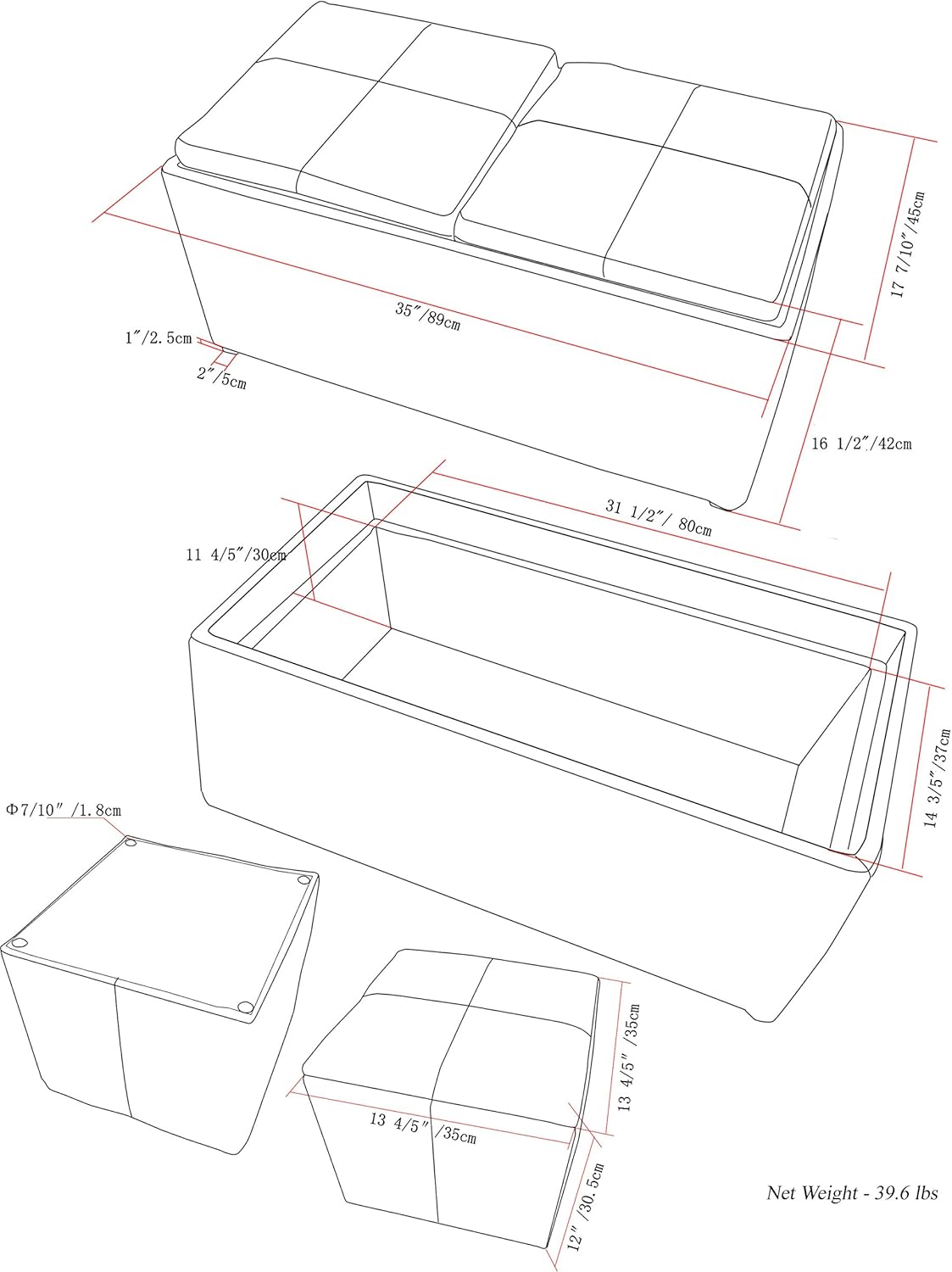SIMPLIHOME Avalon 35 inch Wide Contemporary Rectangle 5 Pc Storage Ottoman in Midnight Black Vegan Faux Leather, Assembled, for the Living Room, Entryway and Family Room