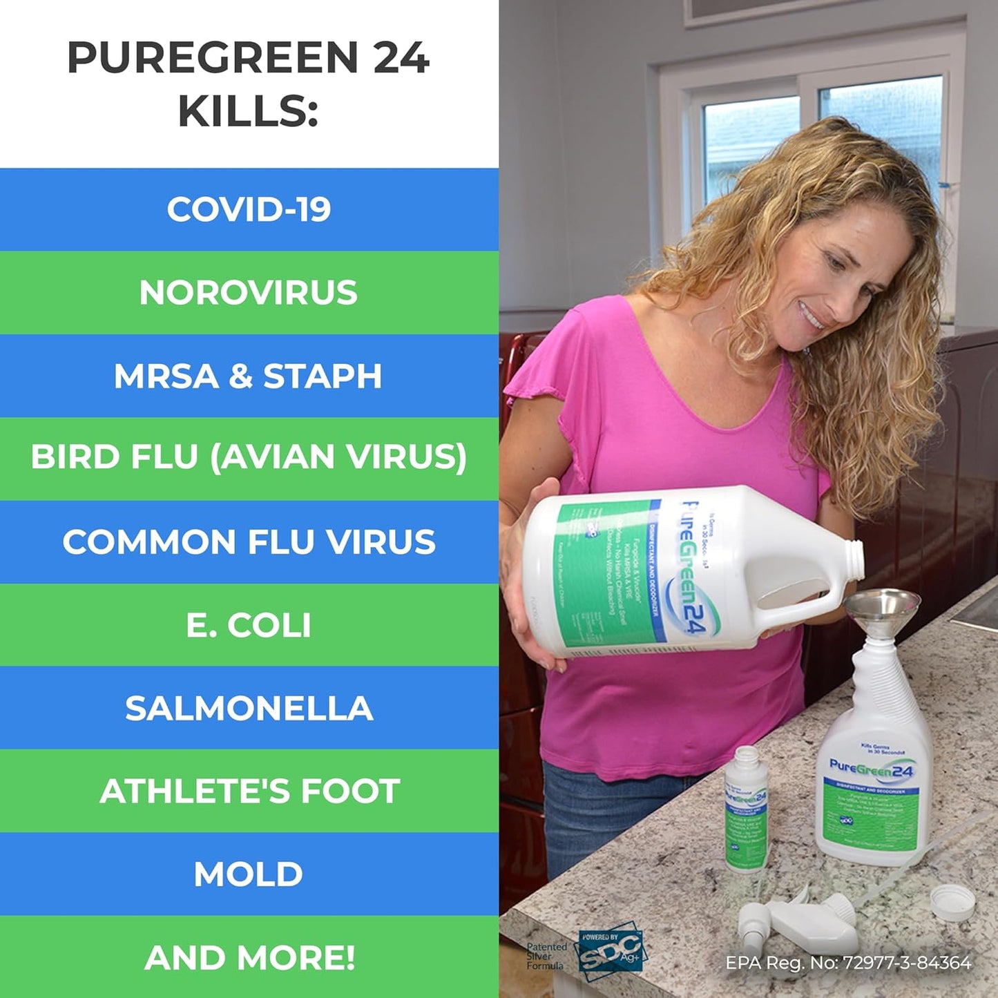 PureGreen24 Safe & Effective Disinfectant. Kills Deadly Germs including RSV COVID-19 Norovirus MRSA Staph 2025 flu Contains no toxic chemicals odorless child & pet safe 4 gallon bottles ready to use