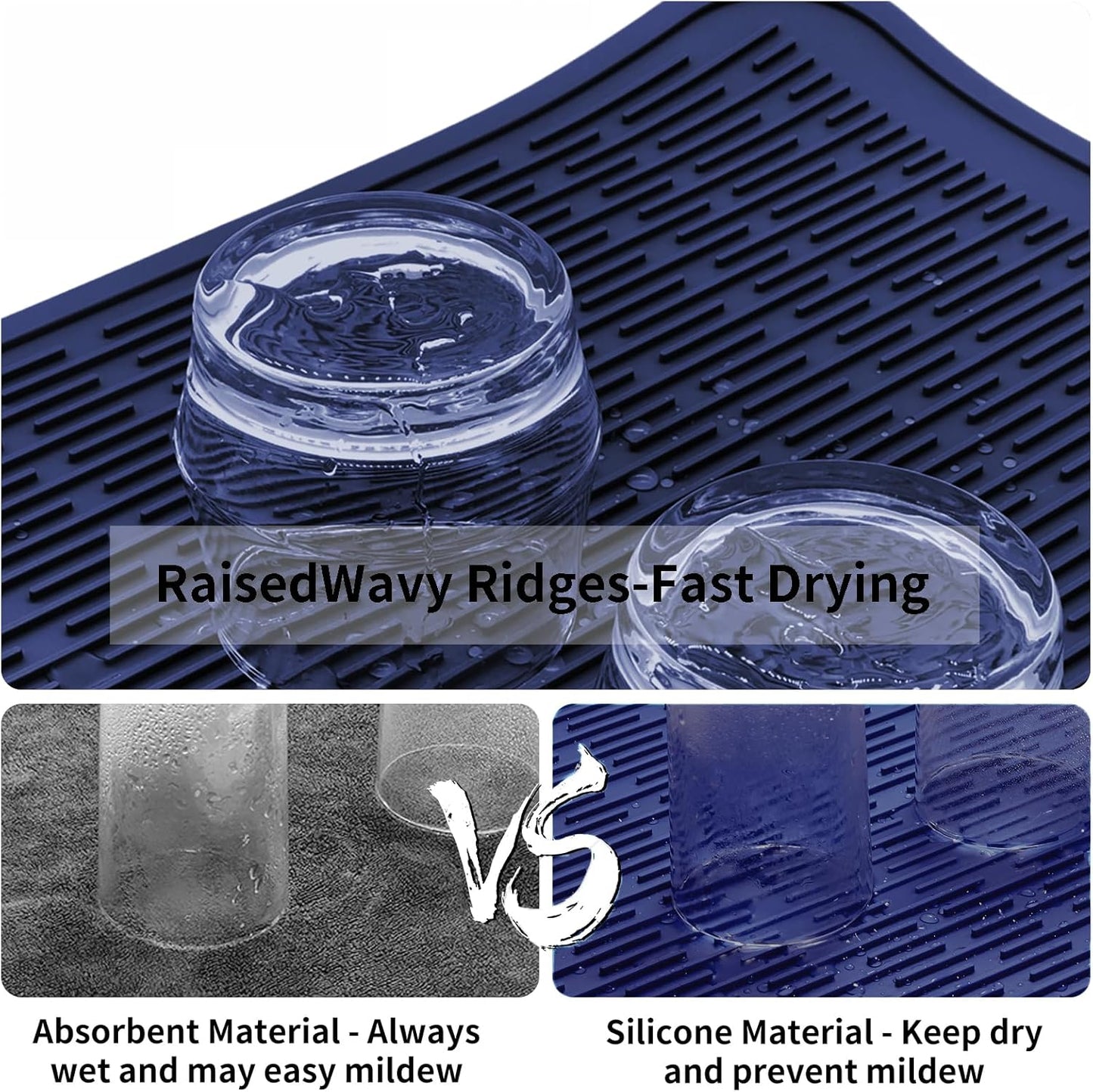 ZLR Silicone Dish Drying Mat for Kitchen Counter, Eco-Friendly Fast Dry Dish Mat, Easy Clean Multi Usage Drying Matt, Heat Resistant Trivet, 16" x 18" XL, Midnight Blue