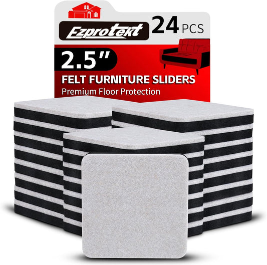 Ezprotekt 2.5" Square Felt Furniture Movers Sliders for Hardwood Floors, 24 Pcs Reusable Felt Furniture Moving Pads for Sofa Table Bed Desk Couch Cabinet - Move Items Easily and Quickly (Beige)