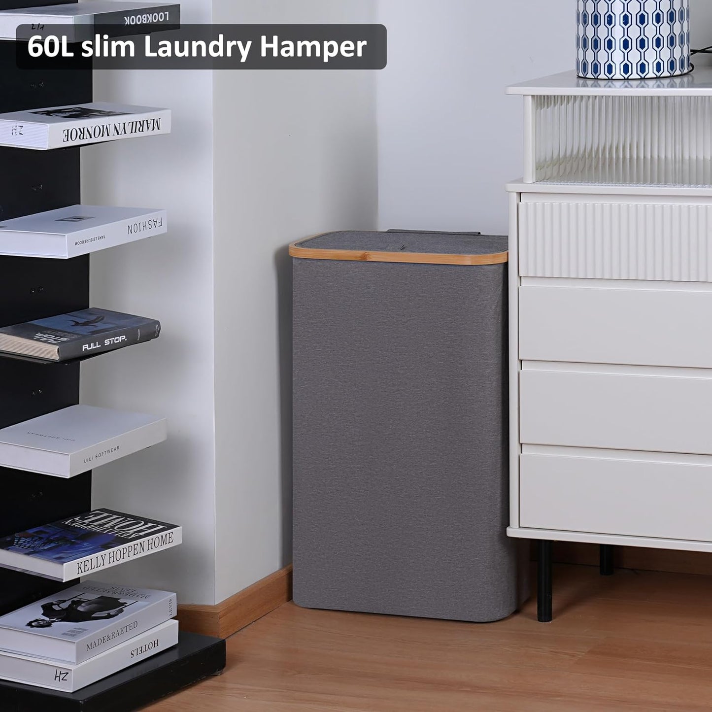 Slim Laundry Basket,60L Laundry Hamper with Lid, Tall Hamper for Laundry,Dirty Cloth Hamper with Bamboo Handle for Toys,Towels, Clothes Organizing,Grey