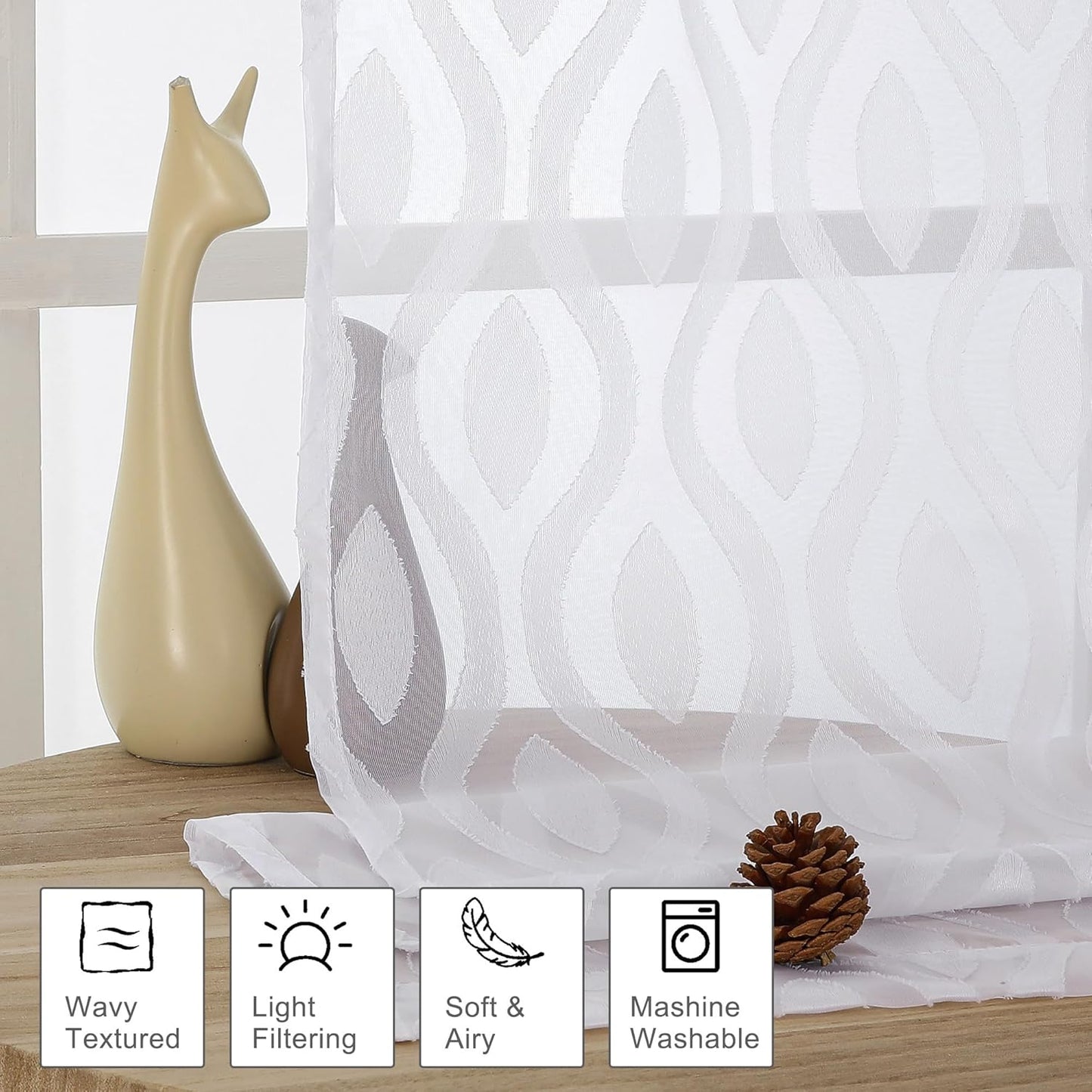 Aiyufeng White Sheer Curtains Tiers 36 Inch Length 2 Panels Set, Airy Lightweight Clip Jacquard Small Window Curtains, Modern Wavy Line Textured Voile Sheer Curtains for Small Windows, 40"Wx36"L Inch