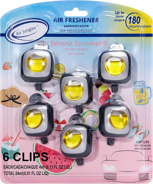 Air Jungles Serene Summer Scent Car Air Freshener Clip, 6 Vent Clips, 4ml Each, Long Lasting Air Freshener, Up to 180 Days Car Refresher Odor Eliminator