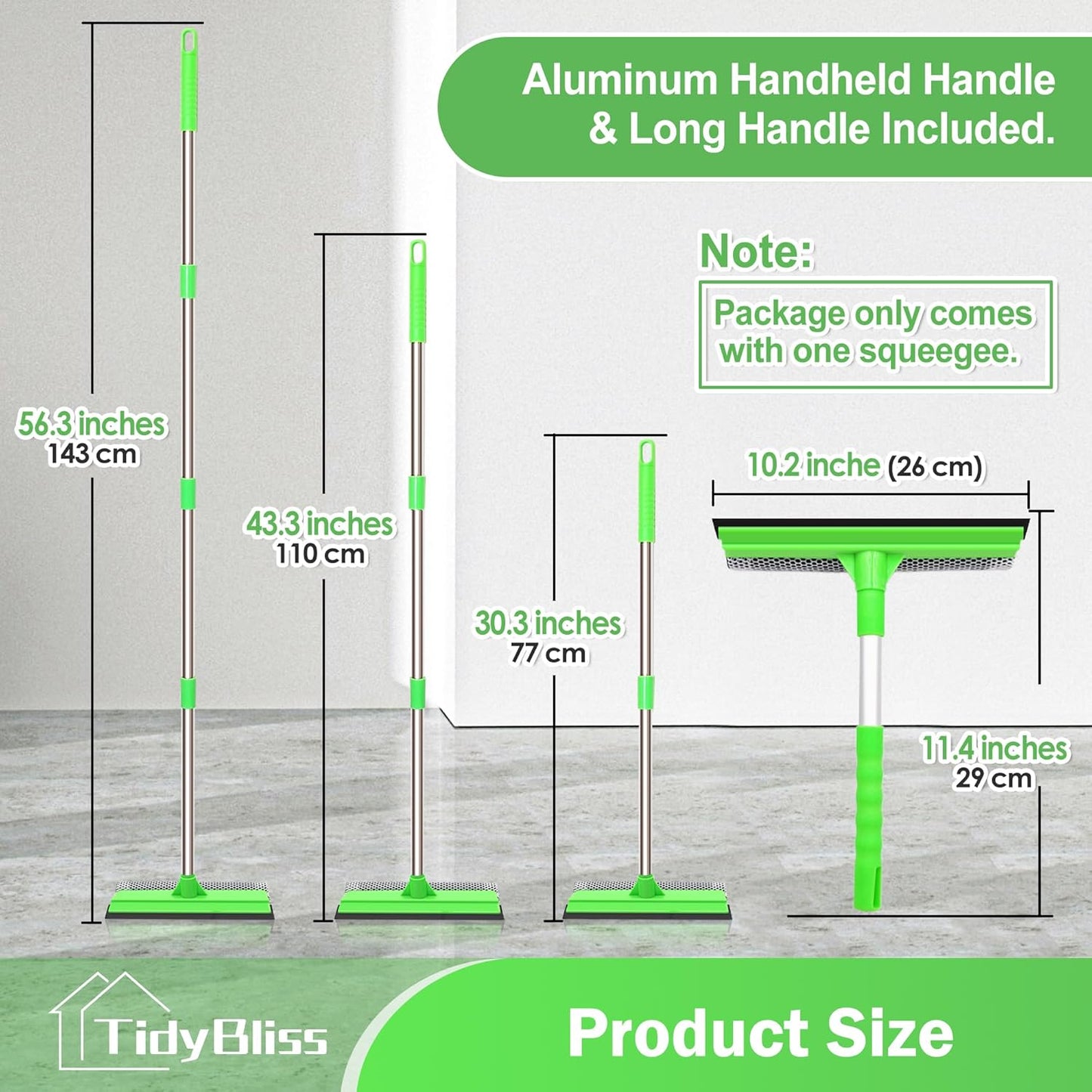 Window Squeegee Professional, 56” Car Windshield Glass Cleaner Tool with Extension Pole, Long Handle Household 10 inches Washer Sponge Scrubber Kit for Cleaning Home Mirror Outdoor (Green)