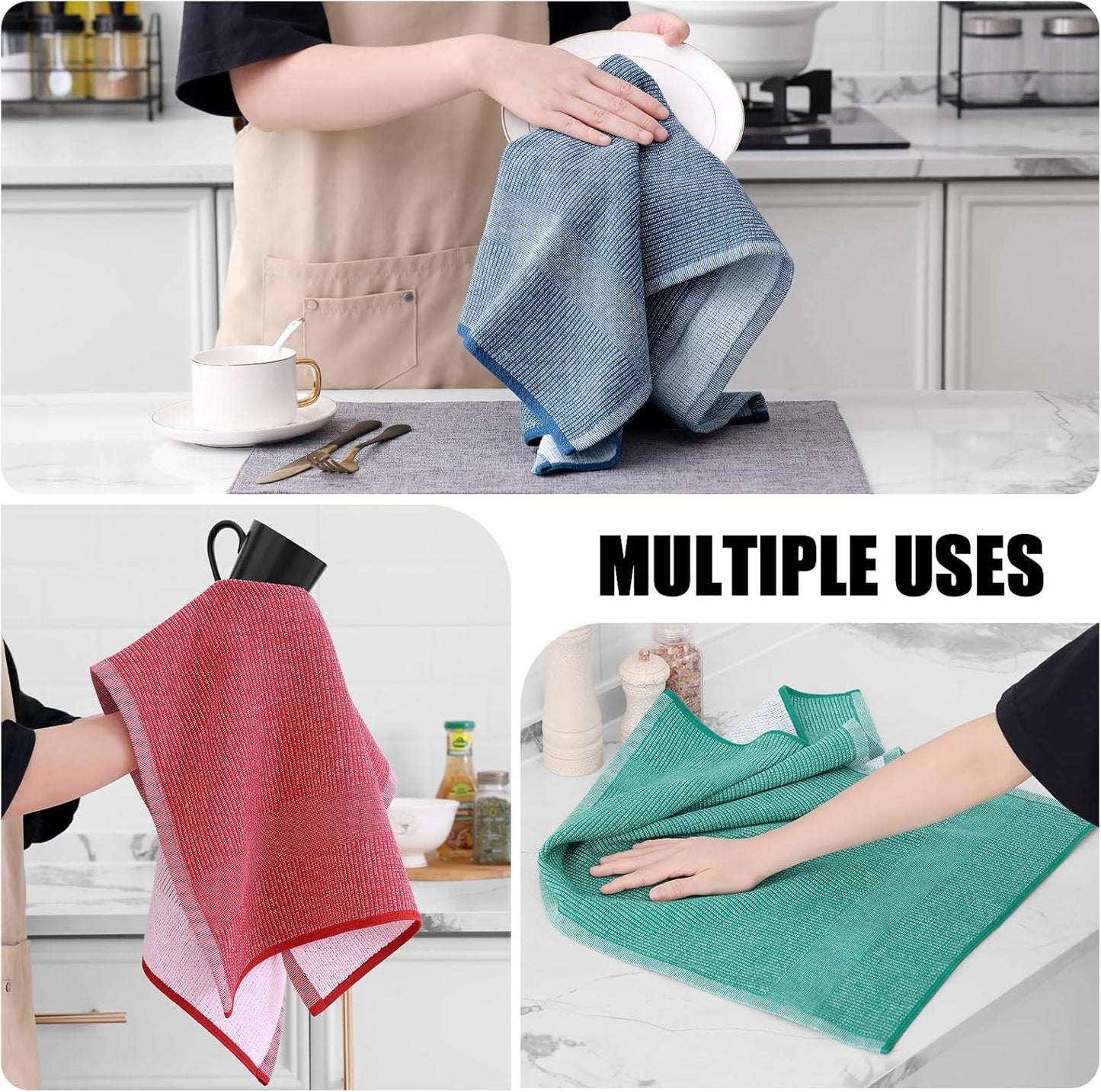 Homaxy Premium Kitchen Towels(18”x 28”, 12 Pack), Large Cotton Kitchen Hand Towels, Flat and Terry Dish Towels, 380 GSM Highly Absorbent Tea Towel Set with Hanging Loop, Navy Blue/Red/Green