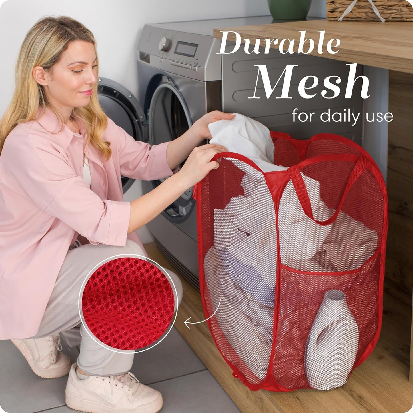 Handy Laundry Collapsible Mesh Pop Up Hamper with Wide Opening and Side Pocket - Breathable, Sturdy, Foldable, and Space-Saving Design for Clothes and Storage (Red | 2-Pack)