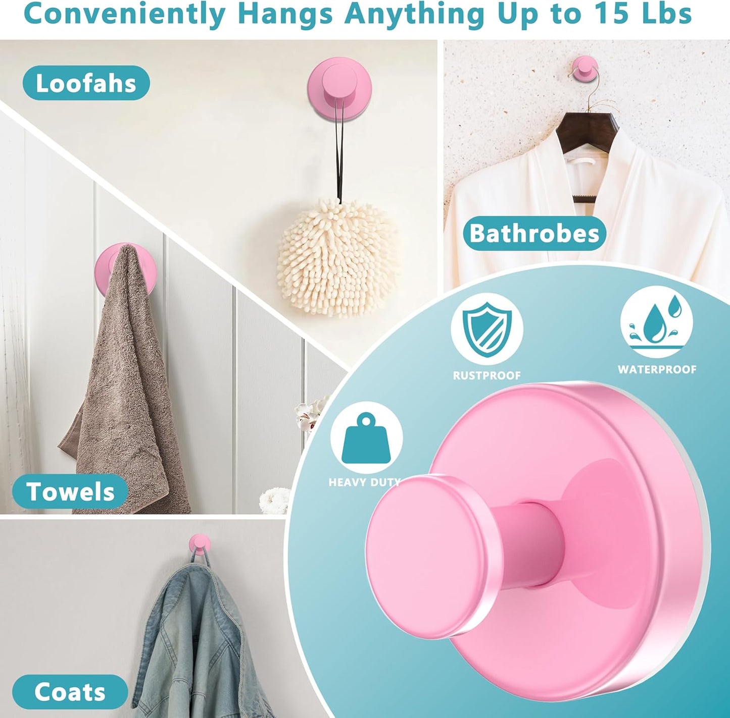 Suction Cup Hooks for Shower,Removable No Drill Towel Hooks,Upgraded 15 lbs Strong Suction hooks for Bathroom Tile,Shower Wall,Glass Door,Kitchen-Loofah,Coat,Stainless Waterproof-Pink 2 Pcs