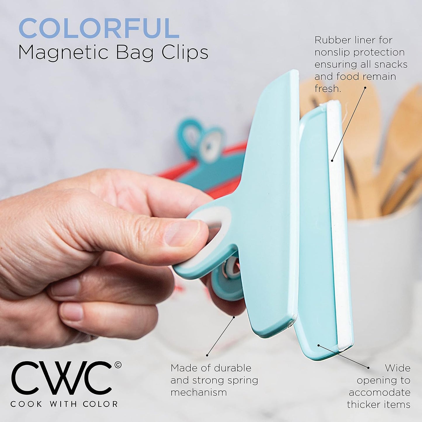 COOK WITH COLOR Bag Clips - Heavy Duty Chip Clip and Refrigerator Magnet Clips for Food Storage with Air Tight Seal Grip, Bright Colors, Pack of 8