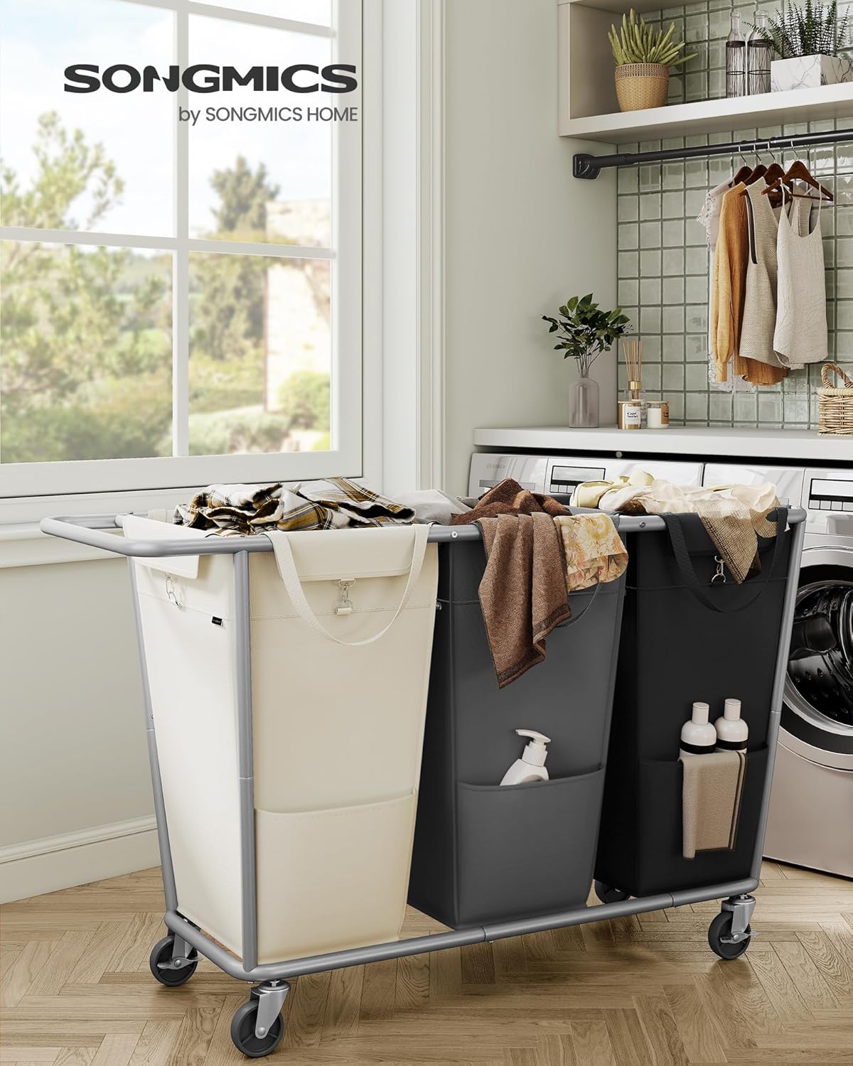 SONGMICS Laundry Basket with Wheels, 76.6 Gallons (290 L), 3-Section Rolling Laundry Hamper with Removable Bags, Heavy-Duty Steel Frame with Handle, Cream White, Dark Gray and Ink Black URLS010X01