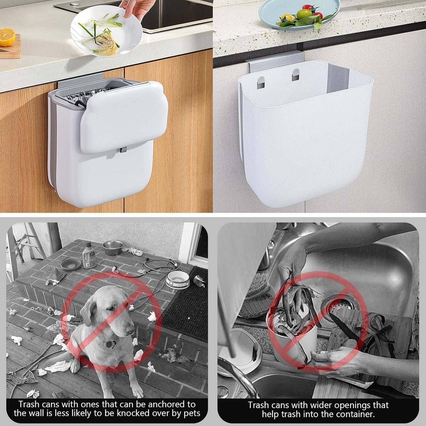 Soddeph 3.2 Gallon Foldable Hanging Trash Can with Lid for Cabinet Door,Kitchen Compost Bin,Wall-Mounted Plastic Garbage Can for Countertop or Under Sink, Bathroom and RV (White with lid)