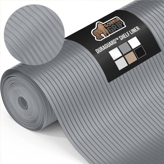GORILLA GRIP DuraGuard Shelf Liner, Non-Adhesive Cabinet Liners for Kitchen Drawers, Shelves, Refrigerator, Pantry Storage, Bathroom Closet, Durable Waterproof BPA Free Ribbed Plastic, 12x10 Gray